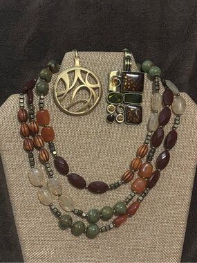 Premier Designs Multi-Strand Necklace in Brown, Green & Cream
